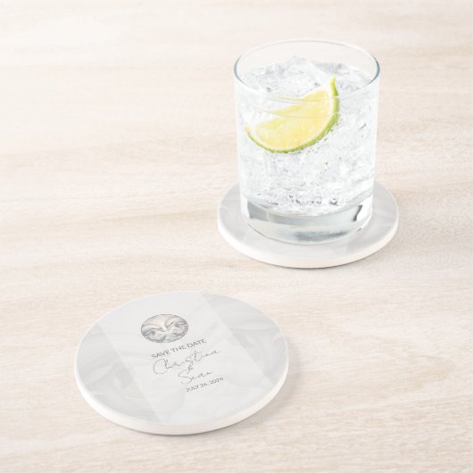 Moderne Whimsy-Dolphin-Hochzeit rettet das Datum Getränkeuntersetzer (Seite)