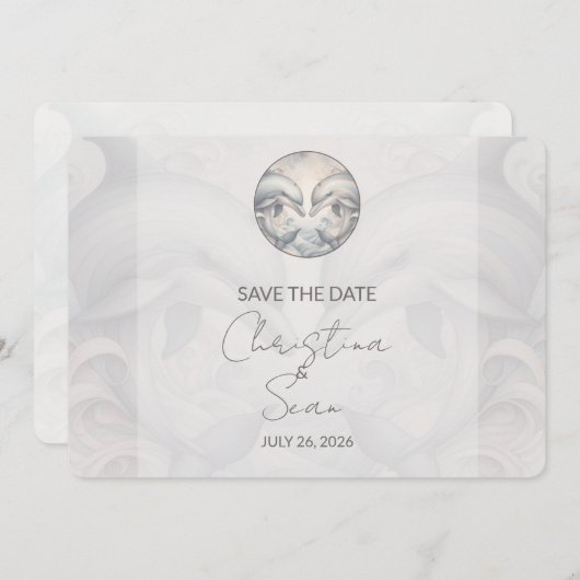 Moderne Whimsy-Dolphin-Hochzeit spart die Datumska Save The Date (Vorne/Hinten)