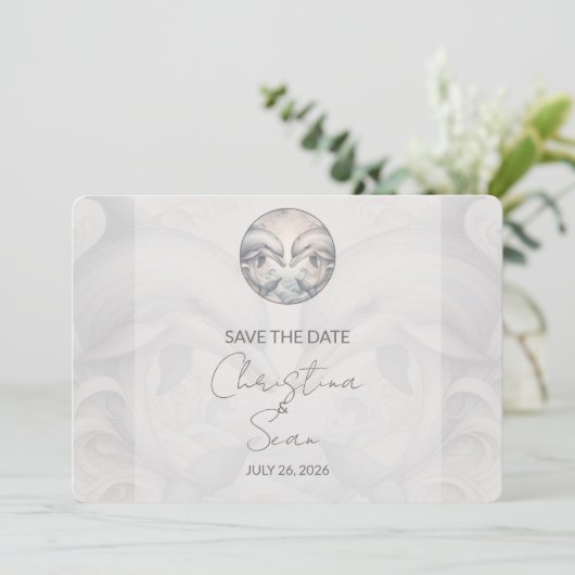 Moderne Whimsy-Dolphin-Hochzeit spart die Datumska Save The Date (Stehend Vorderseite)