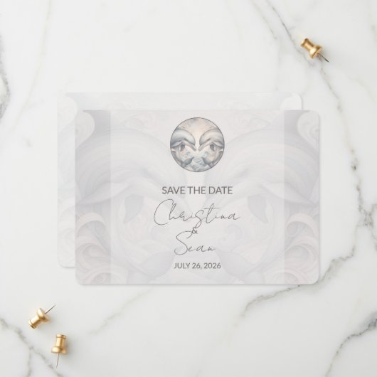 Moderne Whimsy-Dolphin-Hochzeit spart die Datumska Save The Date (Vorderseite/Rückseite Beispiel)