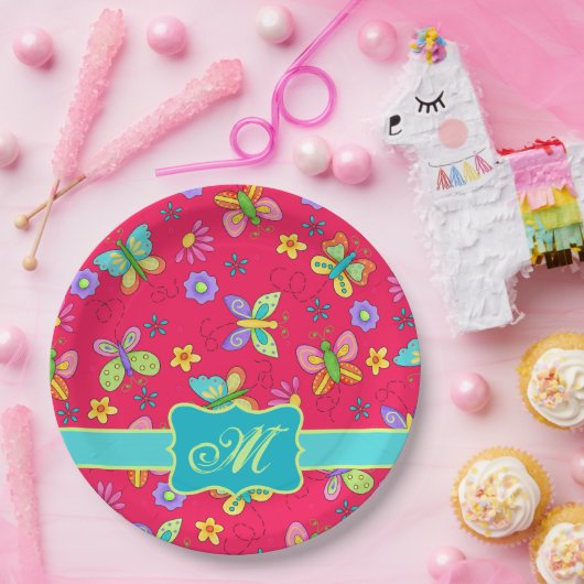 Moderne Whimsy-Schmetterlinge auf der roten Monogr Pappteller (Party)