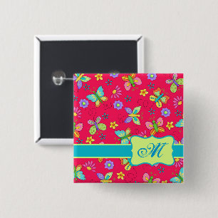 Moderne Whimsy-Schmetterlinge auf Red Monogram Per Button