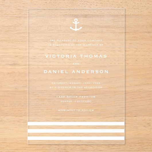 Moderne White Anchor Nautical Wedding Acryleinladungen (Vorderseite)