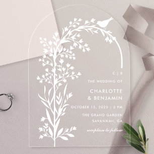 Moderne White Bird and Branch Hochzeit Acryleinladungen