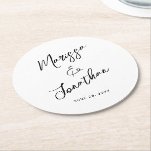 Moderne White Black Hand Letted Script Wedding Runder Pappuntersetzer
