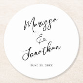 Moderne White Black Hand Letted Script Wedding Runder Pappuntersetzer (Vorderseite)