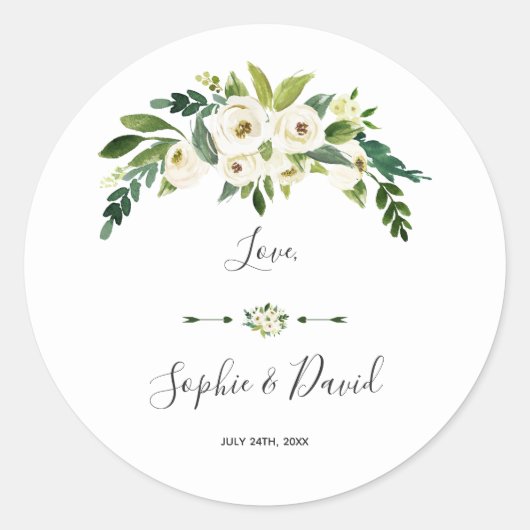 Moderne White Blooming Floral Handwriting Wedding Runder Aufkleber (Vorderseite)