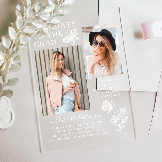 Moderne White Butterfly Foto Graduation Party Acryleinladungen