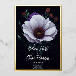 Moderne White Daisy Dark Winter Gold Border Weddin Folieneinladung