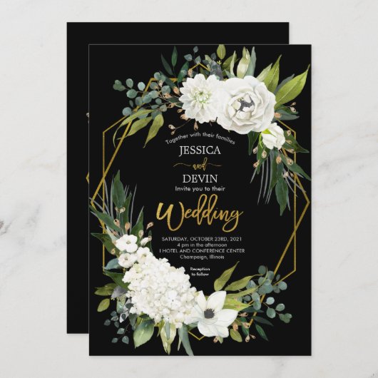 Moderne White Floral Black Frame Wedding Einladung (Vorne/Hinten)