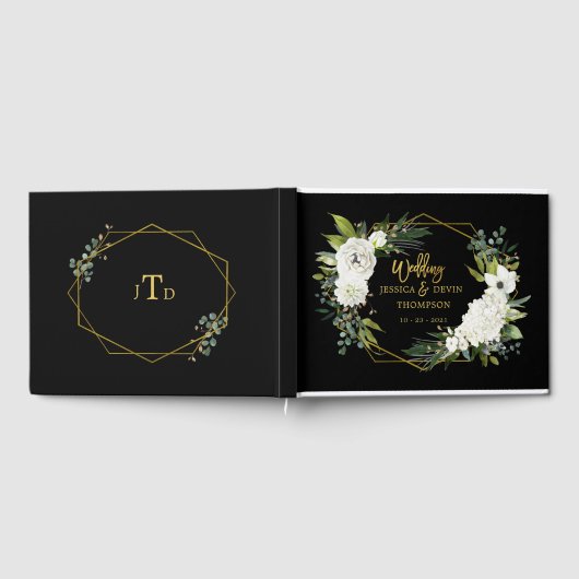 Moderne White Floral Black Frame Wedding Gästebuch (Voll)