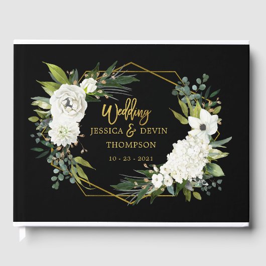 Moderne White Floral Black Frame Wedding Gästebuch (Vorderseite)