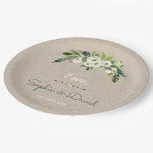 Moderne White Floral Burlap Handwriting Hochzeit Pappteller (Schrägansicht)