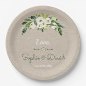 Moderne White Floral Burlap Handwriting Hochzeit Pappteller (Vorderseite)