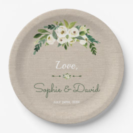 Moderne White Floral Burlap Handwriting Hochzeit Pappteller