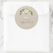 Moderne White Floral Burlap Handwriting Hochzeit Runder Aufkleber (Tasche)