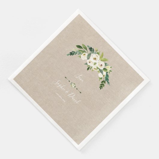 Moderne White Floral Burlap Handwriting Hochzeit Serviette (Ecke)
