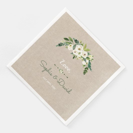 Moderne White Floral Burlap Handwriting Hochzeit Serviette (Ecke)