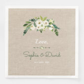 Moderne White Floral Burlap Handwriting Hochzeit Serviette (Vorderseite)