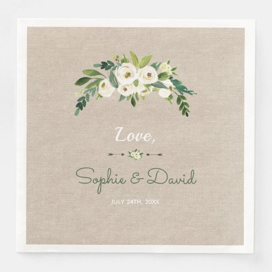 Moderne White Floral Burlap Handwriting Hochzeit Serviette (Vorderseite)