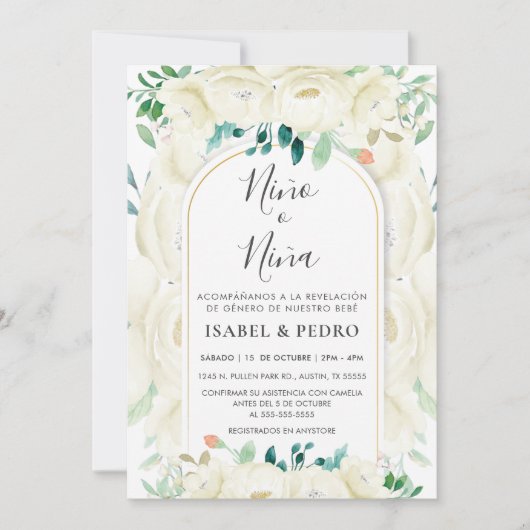 Moderne White Floral Garden Spanische Geschlechtso Einladung (Vorderseite)