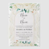 Moderne White Floral Garden Spanische Geschlechtso Pergament Einladungen (Vorderseite)