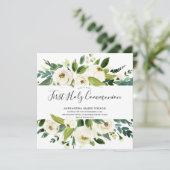 Moderne White Florals Green First Heilige Kommune Einladung (Stehend Vorderseite)
