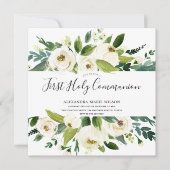 Moderne White Florals Green First Heilige Kommune Einladung (Vorderseite)