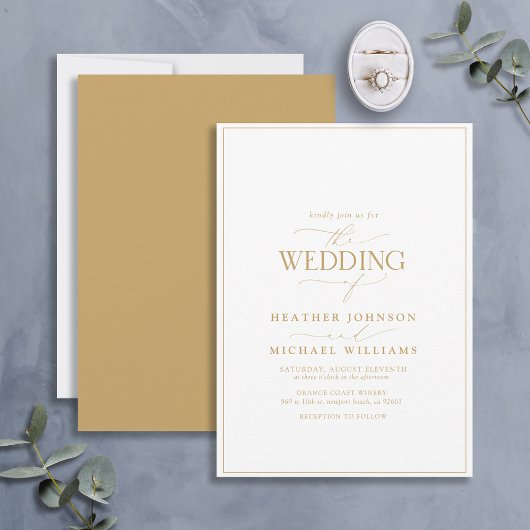 Moderne White & Gold Calligraphy Wedding Einladung