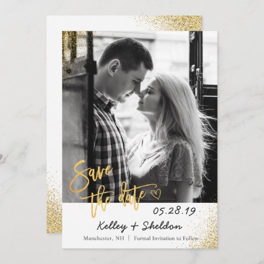 Moderne White & Gold Hochzeit spart das Date Foto Save The Date (Vorne/Hinten)