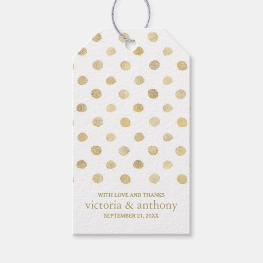 Moderne White & Gold Polka Dots Gastgeschenk Hochz Geschenkanhänger (Vorderseite)