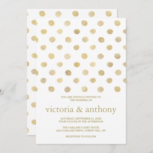 Moderne White & Gold Polka Dots Hochzeit Einladung (Vorne/Hinten)