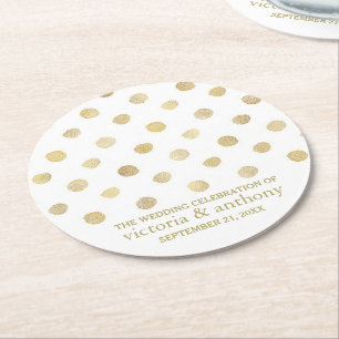 Moderne White & Gold Polka Dots Hochzeit Runder Pappuntersetzer