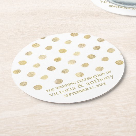 Moderne White & Gold Polka Dots Hochzeit Runder Pappuntersetzer (Angewinkelt)
