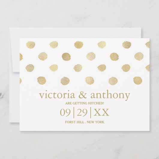 Moderne White & Gold Polka Dots Save the Date (Vorderseite)