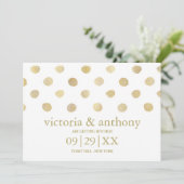 Moderne White & Gold Polka Dots Save the Date (Stehend Vorderseite)