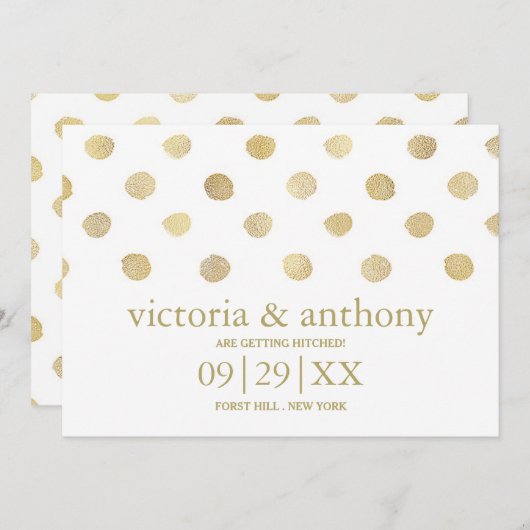 Moderne White & Gold Polka Dots Save the Date (Vorne/Hinten)