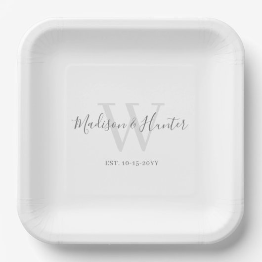 Moderne White Gray Script Monogram Wedding Pappteller (Vorderseite)