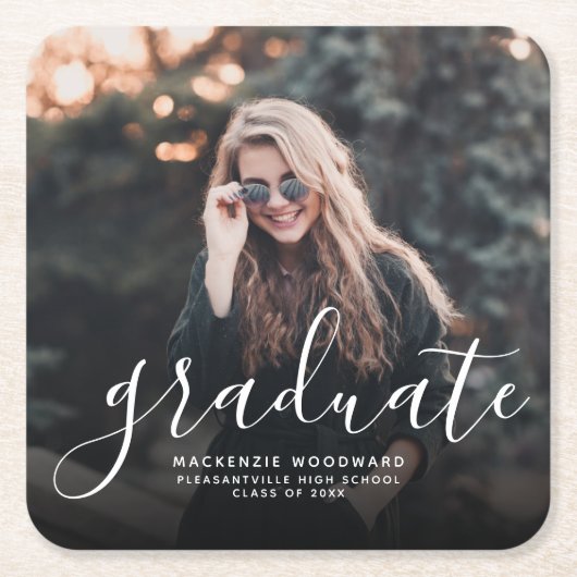 Moderne White Handwriting Foto Graduation Party Rechteckiger Pappuntersetzer (Vorderseite)