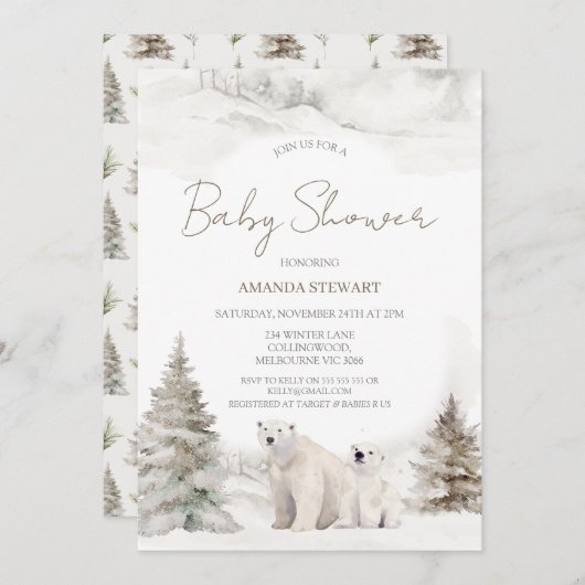 Moderne White Polar Bear Cub Winter Baby Dusche Einladung (Vorne/Hinten)