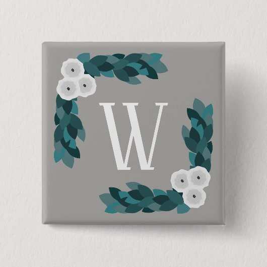 Moderne White Ranunculus Blume & Foliage Monogram Button (Vorderseite)