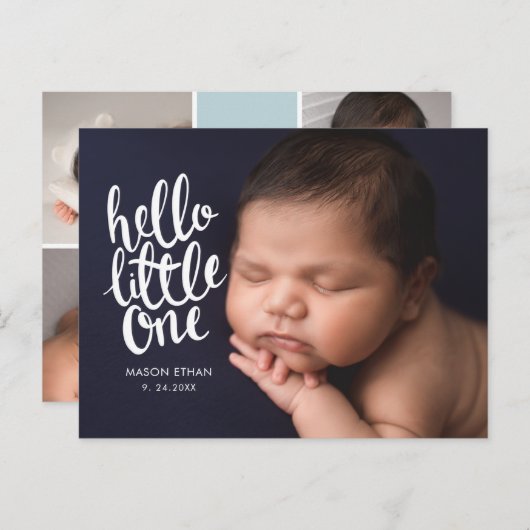 Moderne White Script Calligraphy Birth Ankündigung (Vorne/Hinten)