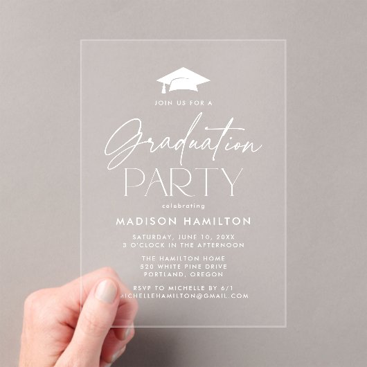 Moderne White Script Graduation Party Acryleinladungen (Insitu (Handheld))