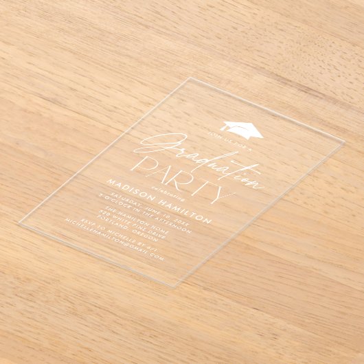Moderne White Script Graduation Party Acryleinladungen (Ablage )