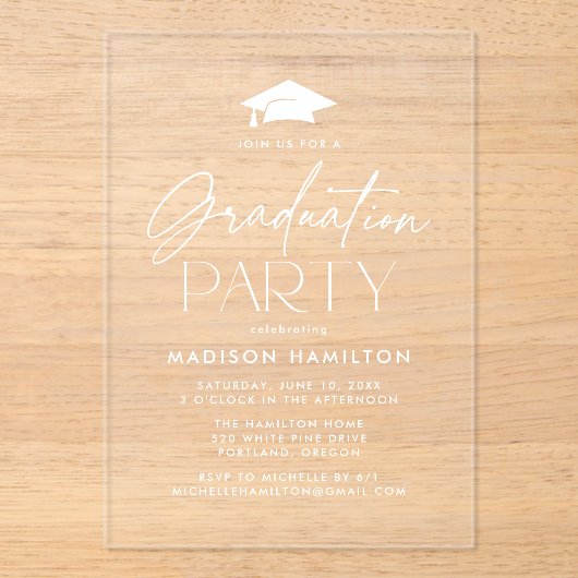 Moderne White Script Graduation Party Acryleinladungen (Vorderseite)