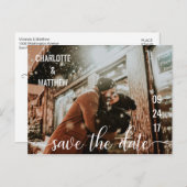 Moderne White Script Hochzeit speichern das Datum  Ankündigungspostkarte (Vorne/Hinten)