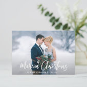 Moderne White Script Holiday Hochzeitserklärung Dankeskarte (Stehend Vorderseite)