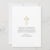 Moderne White Script Religious Baby Foto Taufe Dankeskarte (Rückseite)
