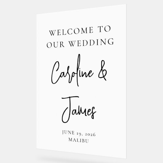 Moderne White Script Schriftart Hochzeit Willkomme Acrylschild (Winkel)