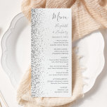 Moderne White Silver Glitzer Edge Wedding Menükarte<br><div class="desc">Die links Seite dieses eleganten,  modernen Hochzeitsmenüs besticht durch ein silbernes Imitat-Glitzer-Design. Der anpassbare Text kombiniert graue Handschrift,  Copperplate und kursiv Schriftart auf weißem Hintergrund. Auf der Rückseite ist ein passender Glitzer in Weiß und Silber gehalten.</div>